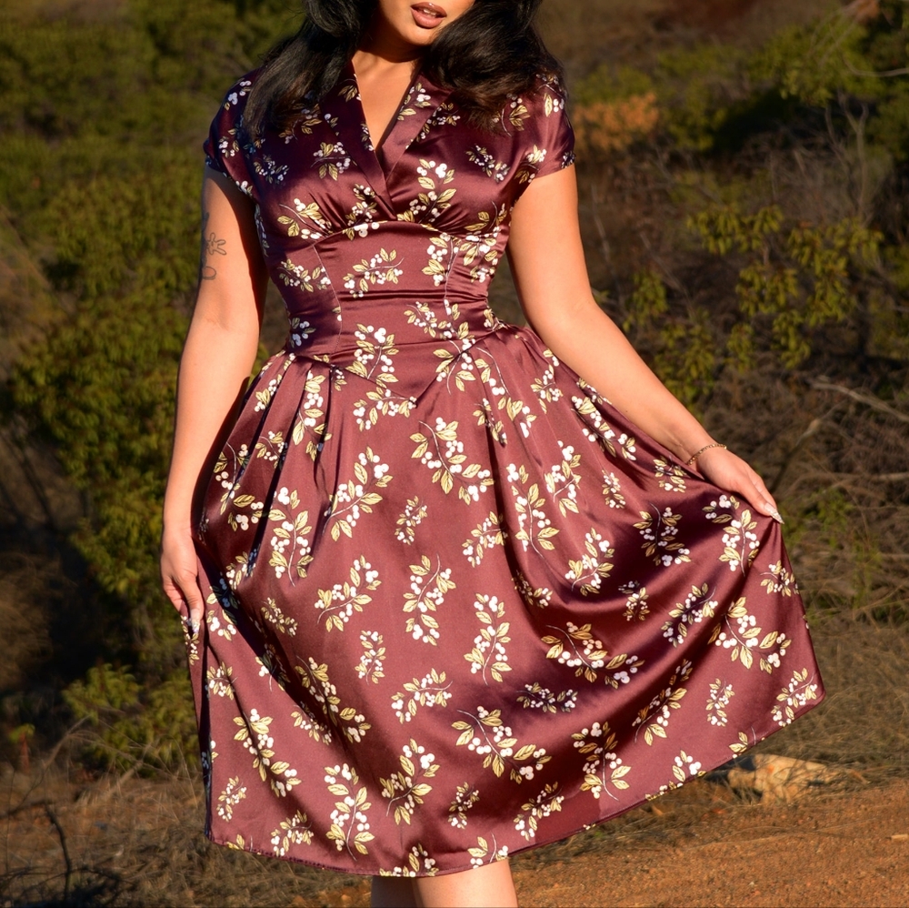 Pinup Couture Burgundy Floral Satin Fit-and-Flare Dress